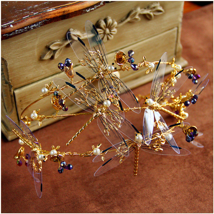 European style Retro Bride Alloy Dragonfly Bees Pearls Hair bands Women Hair Hoop - Gold