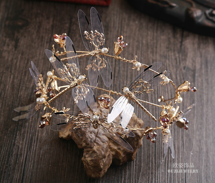 European style Retro Bride Alloy Dragonfly Bees Pearls Hair bands Women Hair Hoop - Gold