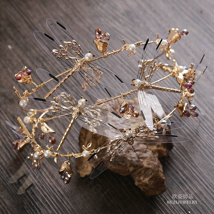 European style Retro Bride Alloy Dragonfly Bees Pearls Hair bands Women Hair Hoop - Gold