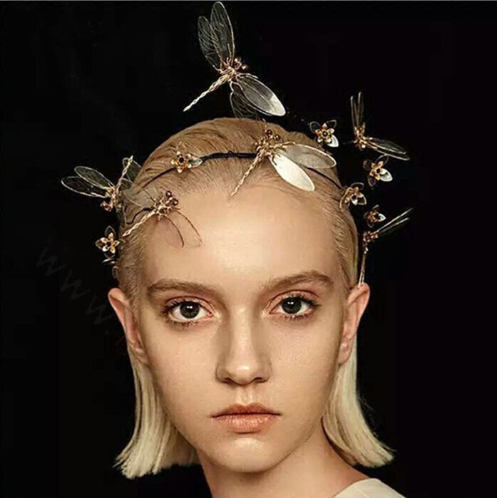 European style Retro Bride Hand Alloy Dragonfly Hair bands Women Show Accessories - Gold