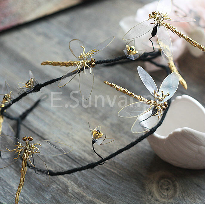 European style Retro Bride Hand Alloy Dragonfly Hair bands Women Show Accessories - Gold