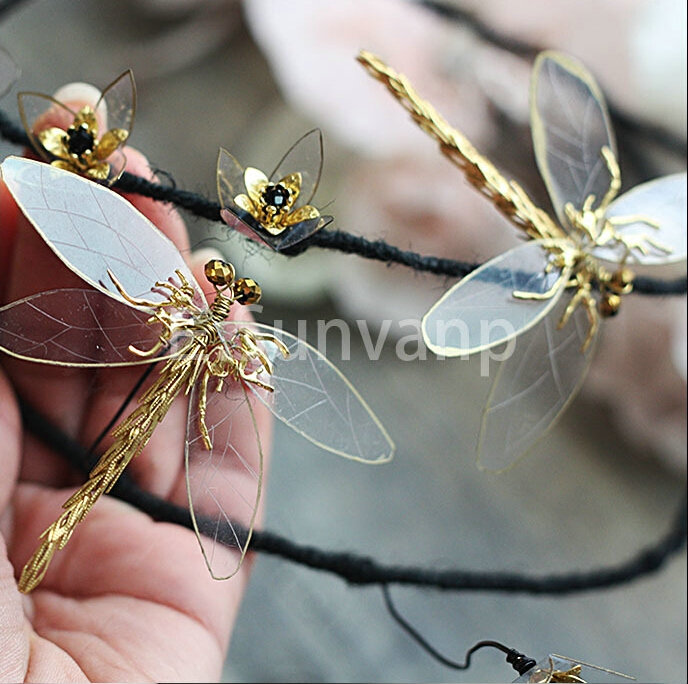 European style Retro Bride Hand Alloy Dragonfly Hair bands Women Show Accessories - Gold