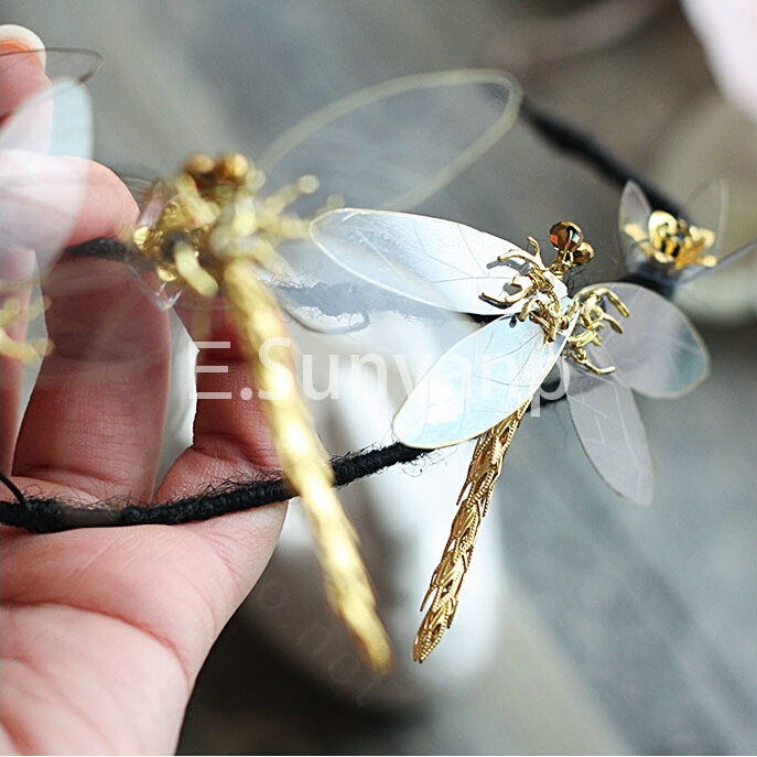 European style Retro Bride Hand Alloy Dragonfly Hair bands Women Show Accessories - Gold