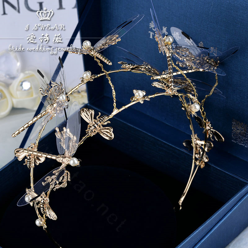 European style Retro Bride Hand Alloy Dragonfly Pearls Hair bands Women Hair Hoop - Gold