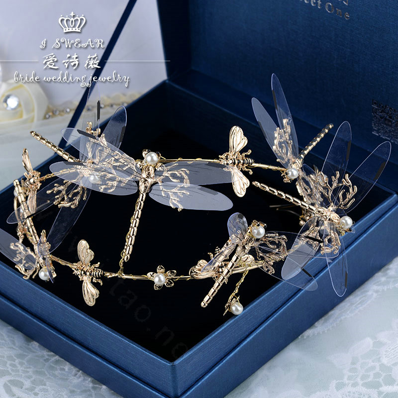 European style Retro Bride Hand Alloy Dragonfly Pearls Hair bands Women Hair Hoop - Gold