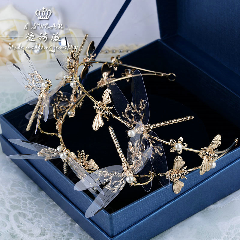 European style Retro Bride Hand Alloy Dragonfly Pearls Hair bands Women Hair Hoop - Gold