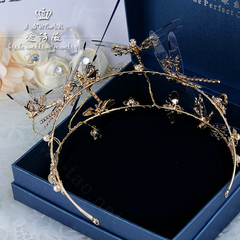 European style Retro Bride Hand Alloy Dragonfly Pearls Hair bands Women Hair Hoop - Gold
