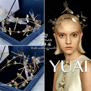 European style Retro Bride Hand Alloy Dragonfly Pearls Hair bands Women Hair Hoop - Gold