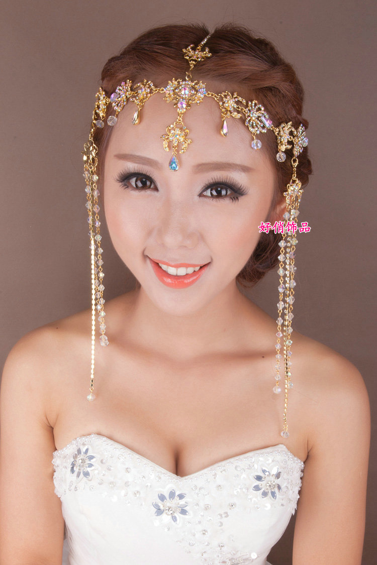 Exaggerated Rhinestone Tassel Bohemia Bridal Frontlet Stage Headband Hair Accessories - Gold