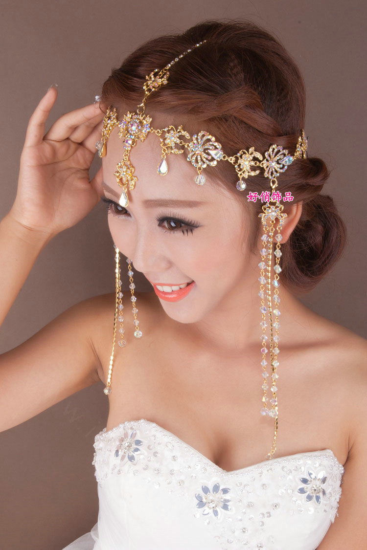 Exaggerated Rhinestone Tassel Bohemia Bridal Frontlet Stage Headband Hair Accessories - Gold