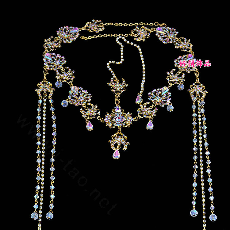 Exaggerated Rhinestone Tassel Bohemia Bridal Frontlet Stage Headband Hair Accessories - Gold