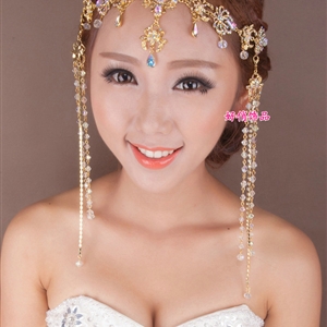 Exaggerated Rhinestone Tassel Bohemia Bridal Frontlet Stage Headband Hair Accessories - Gold