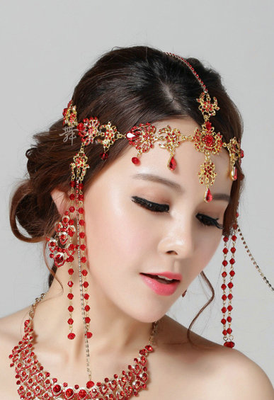 Exaggerated Rhinestone Tassel Bohemia Bridal Frontlet Stage Headband Hair Accessories - Red