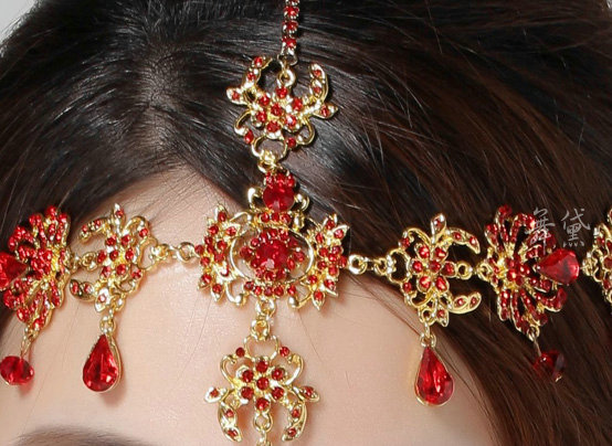 Exaggerated Rhinestone Tassel Bohemia Bridal Frontlet Stage Headband Hair Accessories - Red