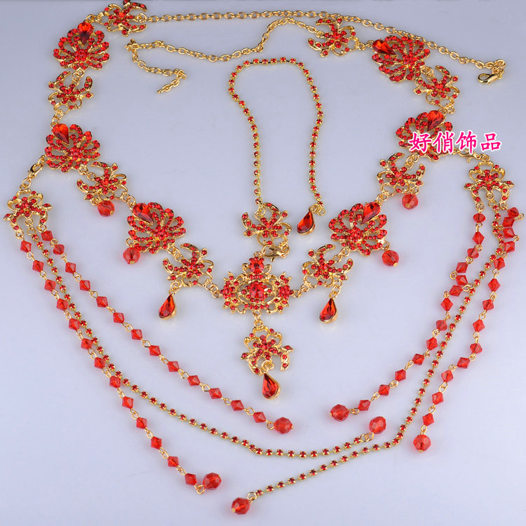 Exaggerated Rhinestone Tassel Bohemia Bridal Frontlet Stage Headband Hair Accessories - Red