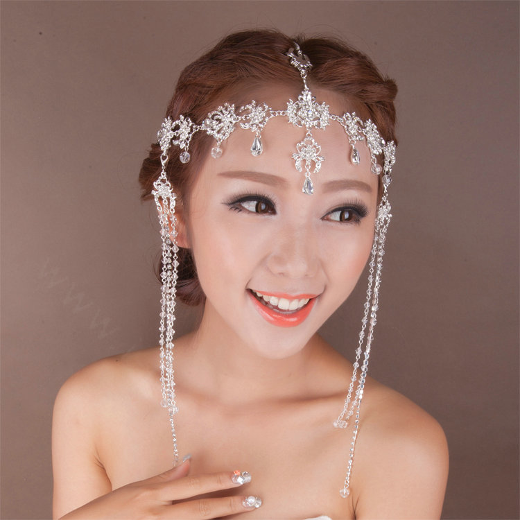 Exaggerated Rhinestone Tassel Bohemia Bridal Frontlet Stage Headband Hair Accessories - White