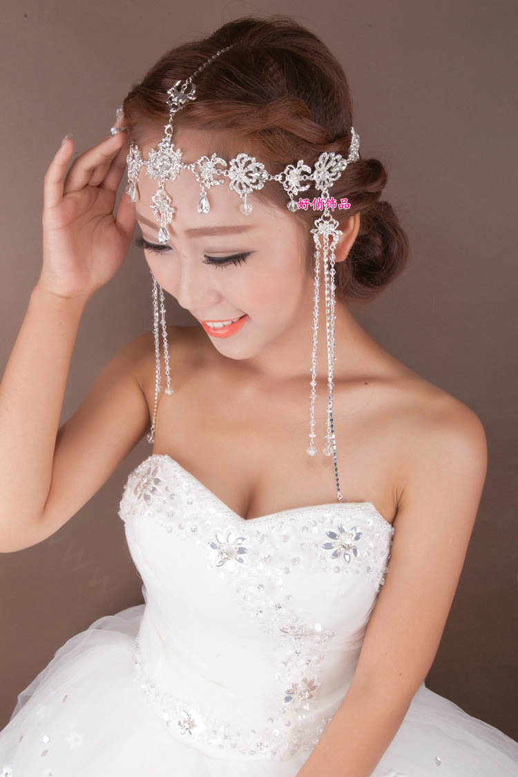 Exaggerated Rhinestone Tassel Bohemia Bridal Frontlet Stage Headband Hair Accessories - White