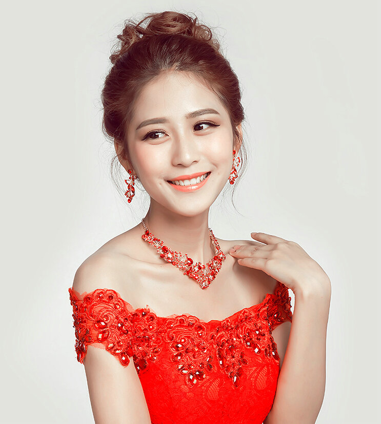 Fashion Alloy Rhinestone Butterfly Bridal Necklace Earrings Women Wedding Jewelry Sets - Red