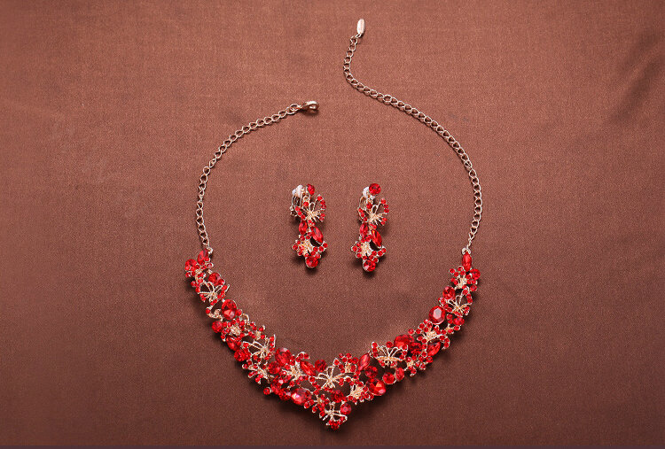 Fashion Alloy Rhinestone Butterfly Bridal Necklace Earrings Women Wedding Jewelry Sets - Red