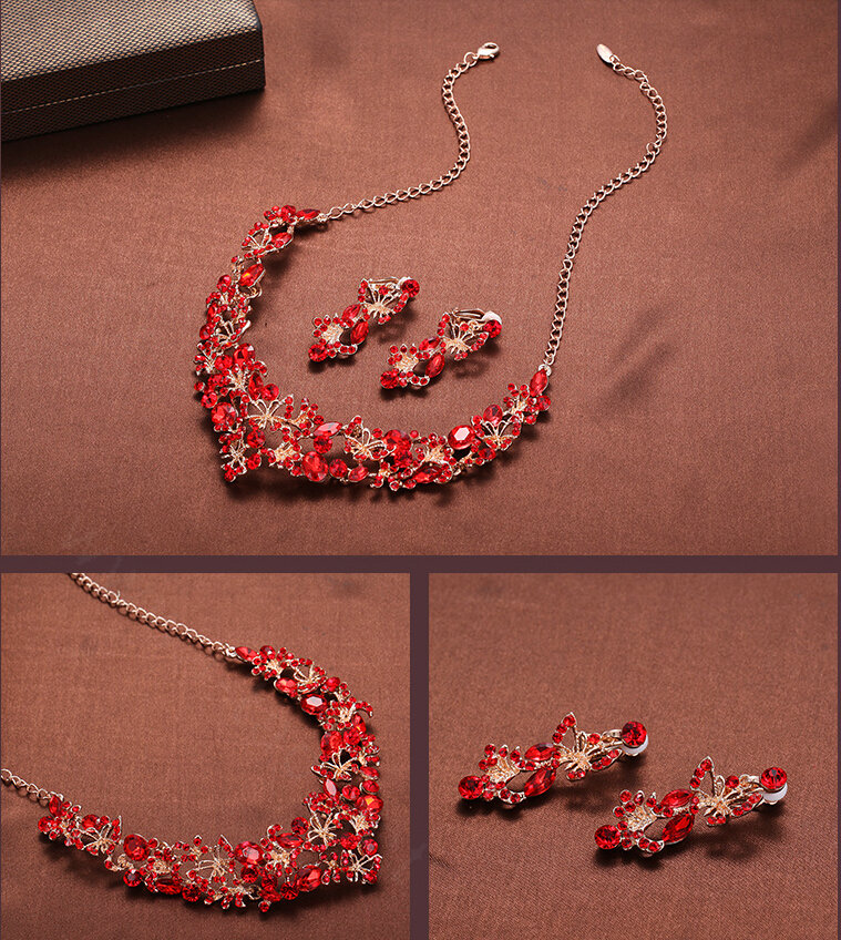 Fashion Alloy Rhinestone Butterfly Bridal Necklace Earrings Women Wedding Jewelry Sets - Red