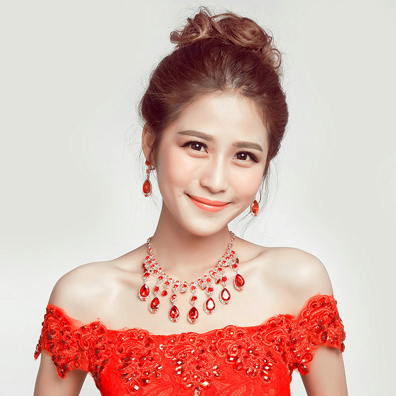 Fashion Alloy Rhinestone Pendant Bridal Necklace Earrings Women Wedding Jewelry Sets - Red