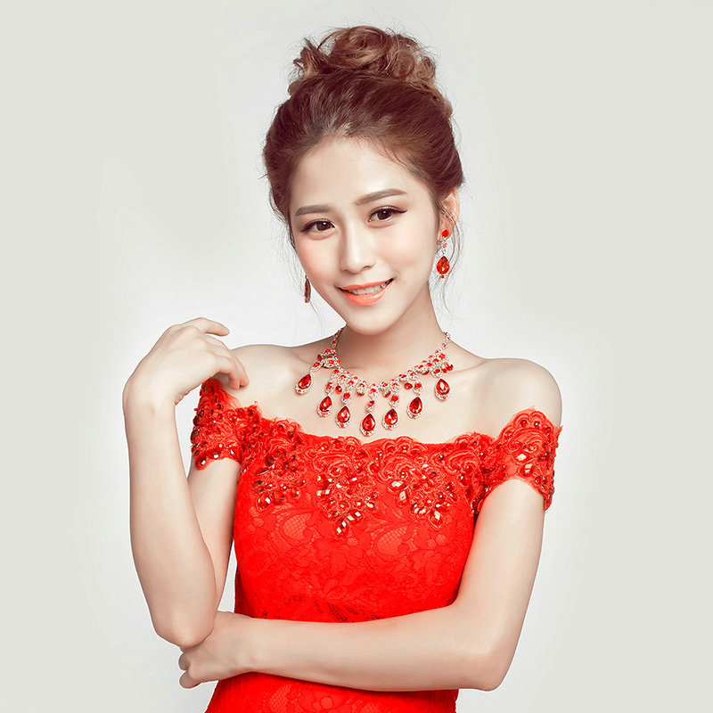 Fashion Alloy Rhinestone Pendant Bridal Necklace Earrings Women Wedding Jewelry Sets - Red