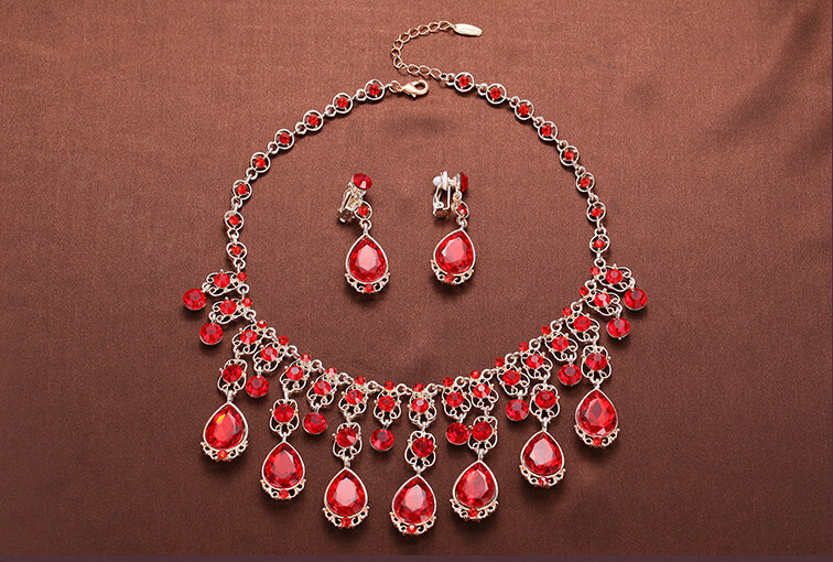 Fashion Alloy Rhinestone Pendant Bridal Necklace Earrings Women Wedding Jewelry Sets - Red