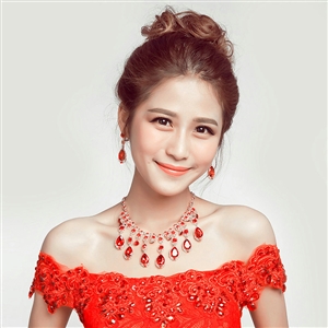 Fashion Alloy Rhinestone Pendant Bridal Necklace Earrings Women Wedding Jewelry Sets - Red