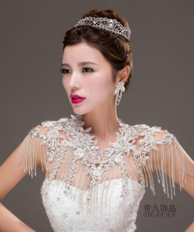 Fashion Lace Flower Rhinestone Bridal Necklace Wedding Ornate Tassel Shoulder Chain Accessories