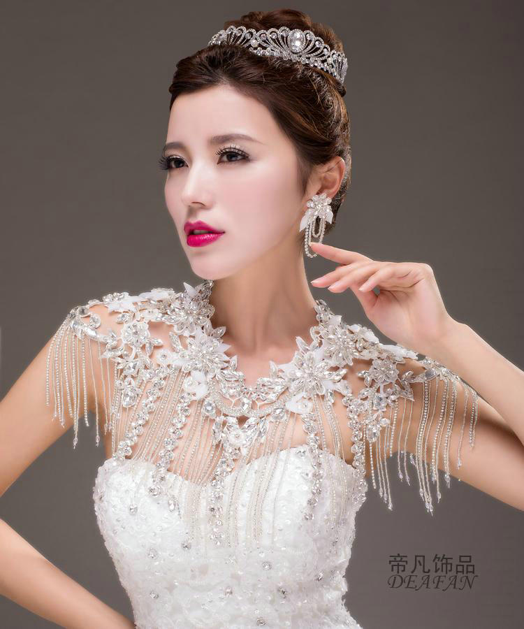 Fashion Lace Flower Rhinestone Bridal Necklace Wedding Ornate Tassel Shoulder Chain Accessories
