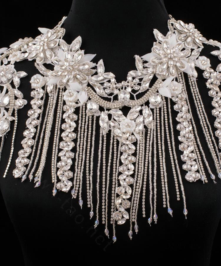Fashion Lace Flower Rhinestone Bridal Necklace Wedding Ornate Tassel Shoulder Chain Accessories