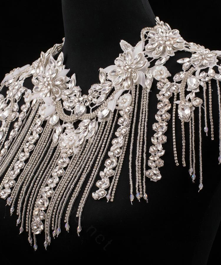 Fashion Lace Flower Rhinestone Bridal Necklace Wedding Ornate Tassel Shoulder Chain Accessories