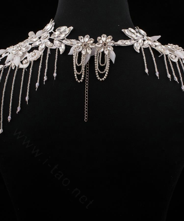 Fashion Lace Flower Rhinestone Bridal Necklace Wedding Ornate Tassel Shoulder Chain Accessories