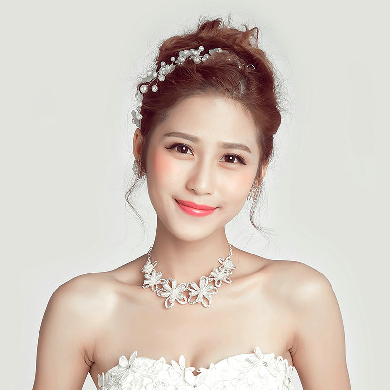 Fashion Rhinestone Pearl Flower Bridal Necklace Earrings Women Wedding Jewelry Sets - Silver