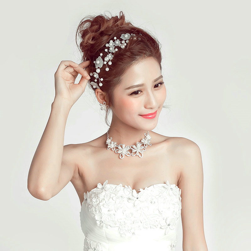 Fashion Rhinestone Pearl Flower Bridal Necklace Earrings Women Wedding Jewelry Sets - Silver