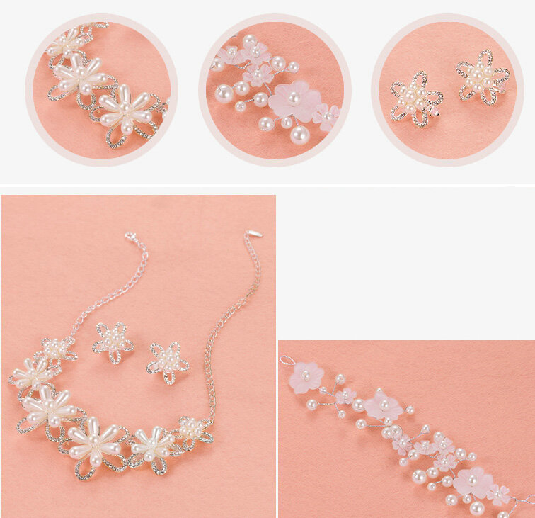 Fashion Rhinestone Pearl Flower Bridal Necklace Earrings Women Wedding Jewelry Sets - Silver