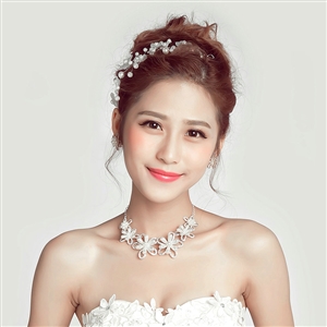 Fashion Rhinestone Pearl Flower Bridal Necklace Earrings Women Wedding Jewelry Sets - Silver