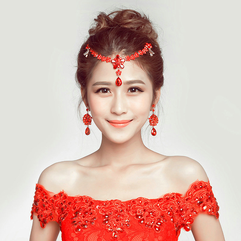 Flower Alloy Rhinestone Bohemia Bridal Frontlet Pendant Headbands Hair Accessories - Red
