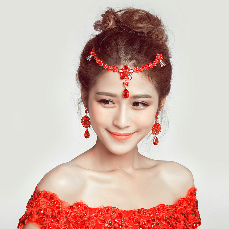 Flower Alloy Rhinestone Bohemia Bridal Frontlet Pendant Headbands Hair Accessories - Red