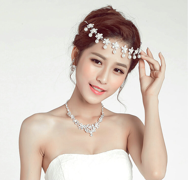 Flower Alloy Rhinestone Bohemia Bridal Frontlet Pendant Pearls Headbands Hair Accessories - White
