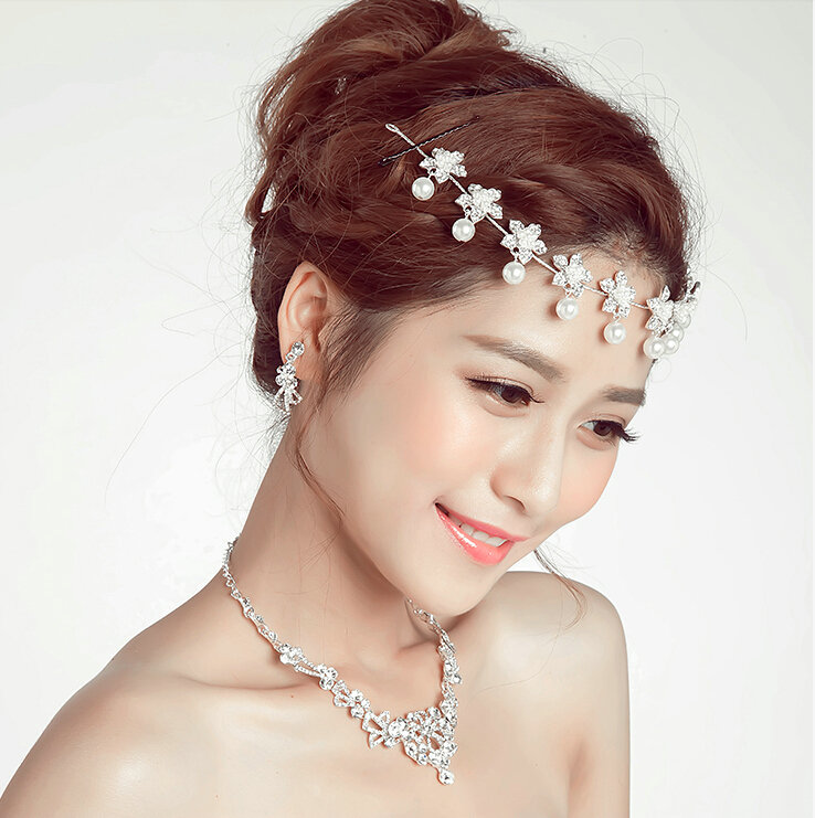 Flower Alloy Rhinestone Bohemia Bridal Frontlet Pendant Pearls Headbands Hair Accessories - White