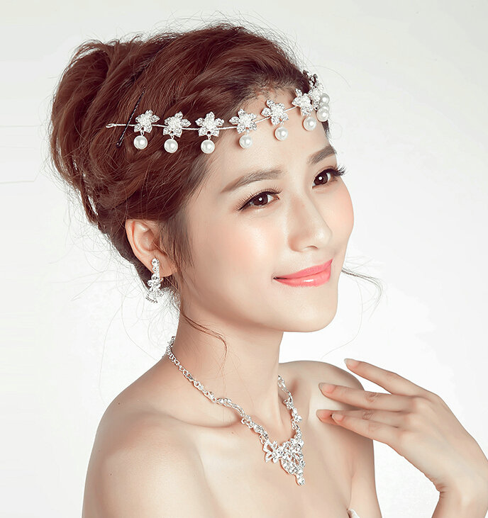 Flower Alloy Rhinestone Bohemia Bridal Frontlet Pendant Pearls Headbands Hair Accessories - White