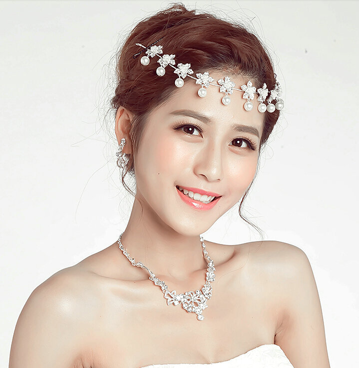 Flower Alloy Rhinestone Bohemia Bridal Frontlet Pendant Pearls Headbands Hair Accessories - White