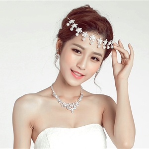 Flower Alloy Rhinestone Bohemia Bridal Frontlet Pendant Pearls Headbands Hair Accessories - White