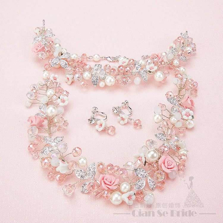 Flower Crystals Beads Pearls Soft Chain Bridal Jewelry Tiaras Necklace Earring Women Wedding Sets 3pcs - Pink
