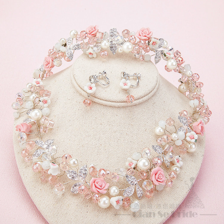 Flower Crystals Beads Pearls Soft Chain Bridal Jewelry Tiaras Necklace Earring Women Wedding Sets 3pcs - Pink