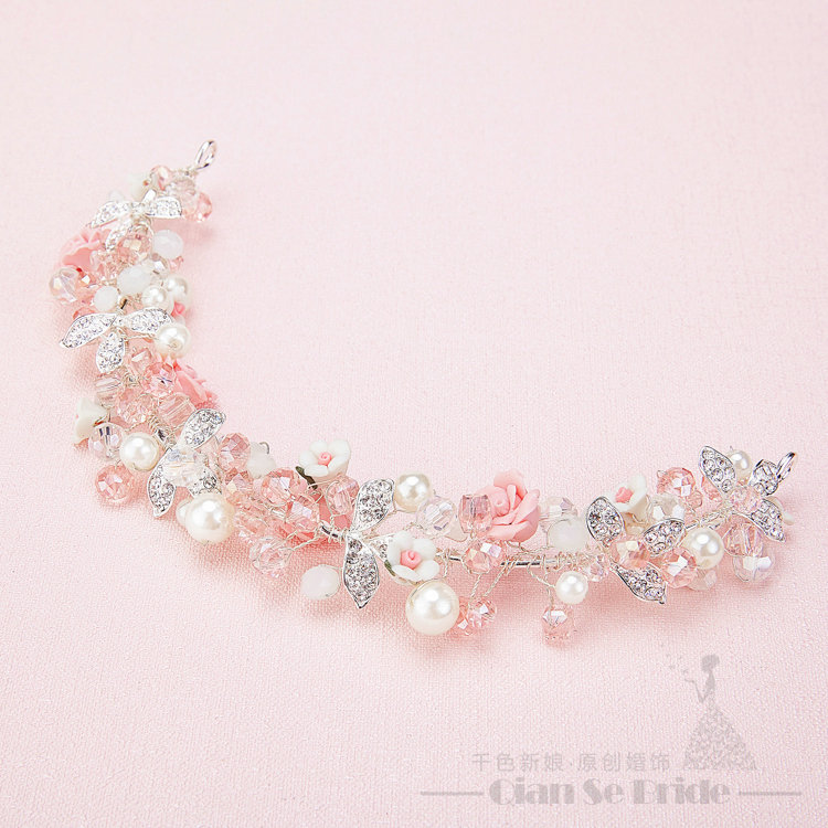 Flower Crystals Beads Pearls Soft Chain Bridal Jewelry Tiaras Necklace Earring Women Wedding Sets 3pcs - Pink