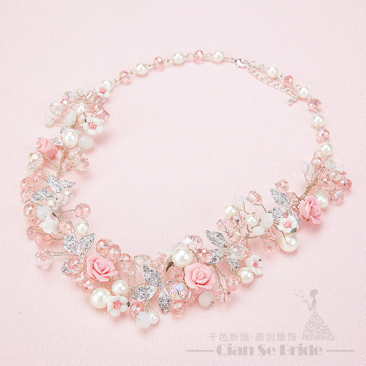 Flower Crystals Beads Pearls Soft Chain Bridal Jewelry Tiaras Necklace Earring Women Wedding Sets 3pcs - Pink