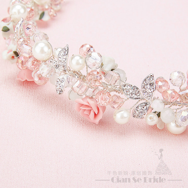 Flower Crystals Beads Pearls Soft Chain Bridal Jewelry Tiaras Necklace Earring Women Wedding Sets 3pcs - Pink