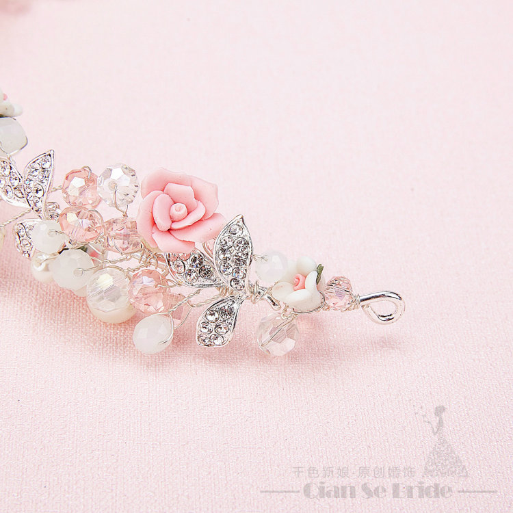 Flower Crystals Beads Pearls Soft Chain Bridal Jewelry Tiaras Necklace Earring Women Wedding Sets 3pcs - Pink